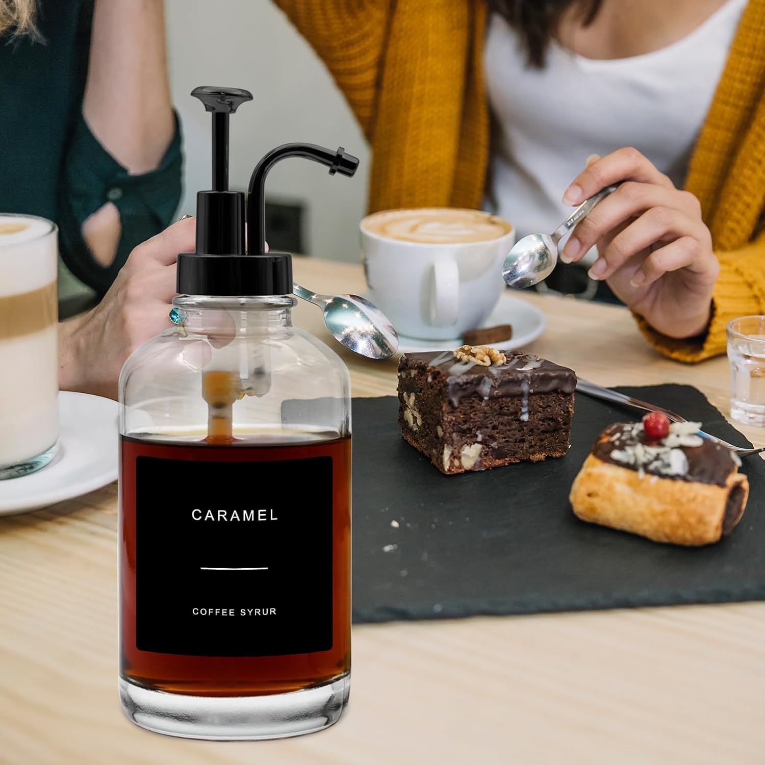 4-Pack Coffee Syrup Dispenser for Coffee Bar, 16.9 oz 500 ml Glass Syrup Bottle with 36 Labels, Syrup Pump Dispenser for Coffee Bar(Black Pump)