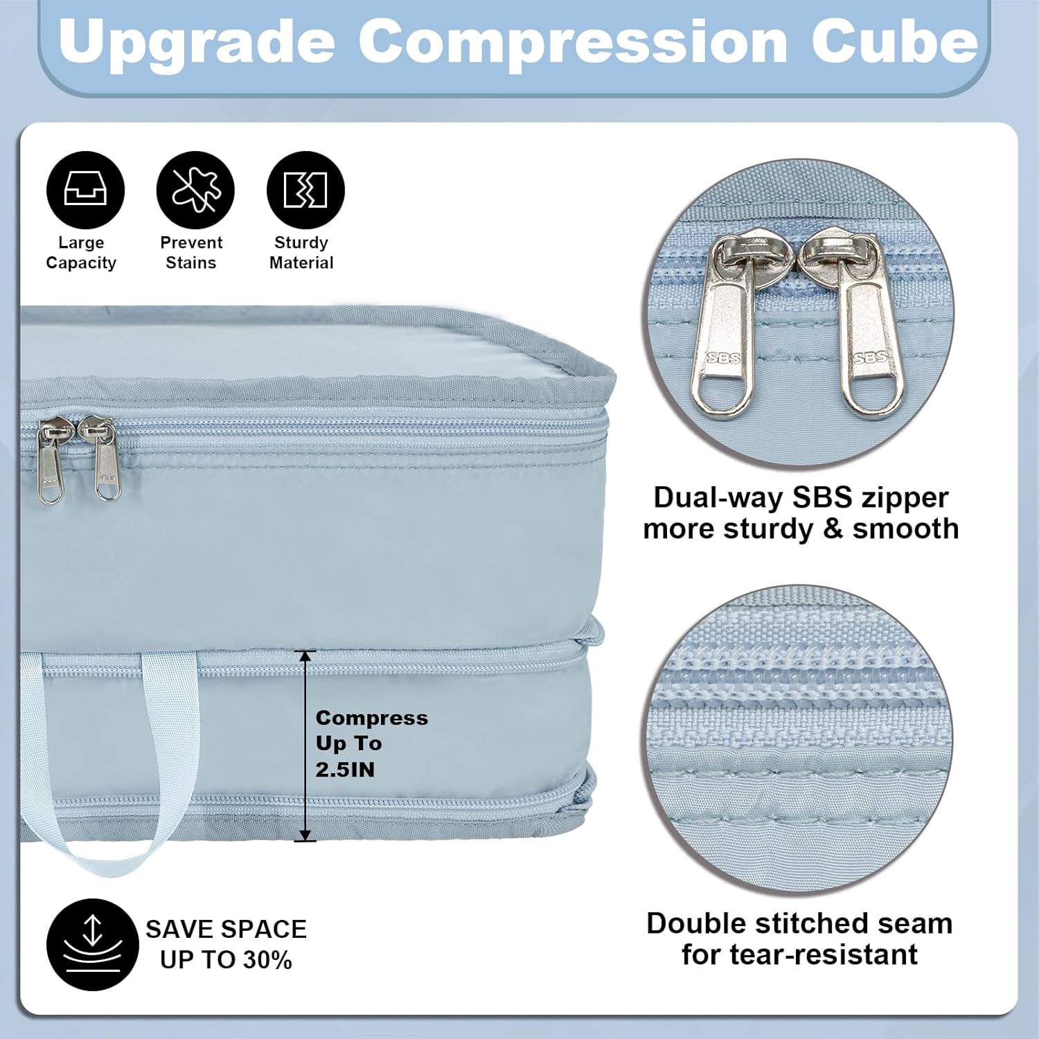 2 Set Compression Packing Cubes for Travel, Expandable Luggage Organizers Bag, Large Compression Cubes for Packing, Travel Accessories for Suitcase Organizer Bags Set (Light Blue) - Image 4