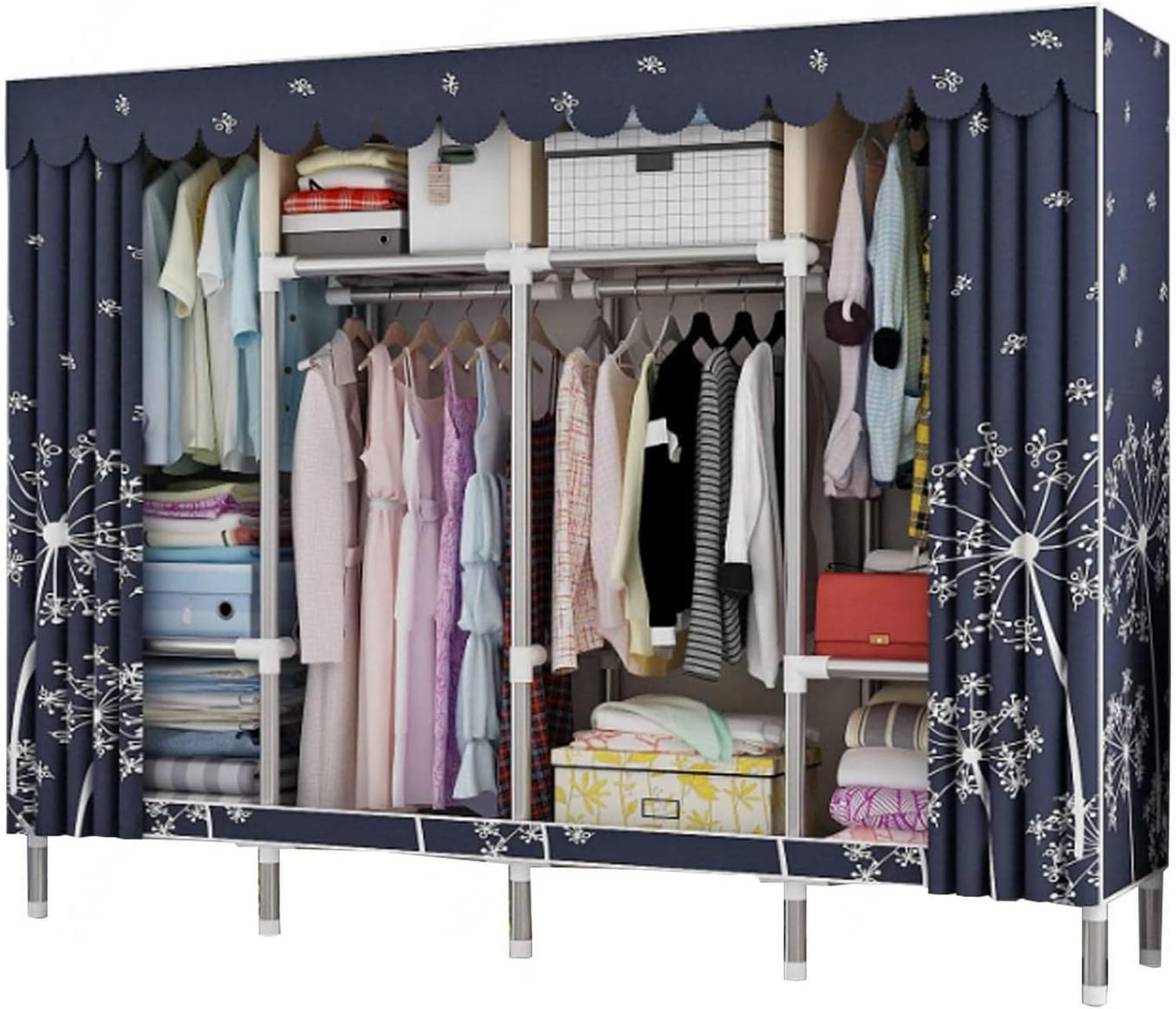 Tragbarer Stoff-Kleiderschrank mit Regalen und Kleiderstange, faltbarer Kleideraufbewahrung, großer Canvas-Schrank für Kleidung und Taschen, 206 x 45 x 175 cm, Kleiderständer