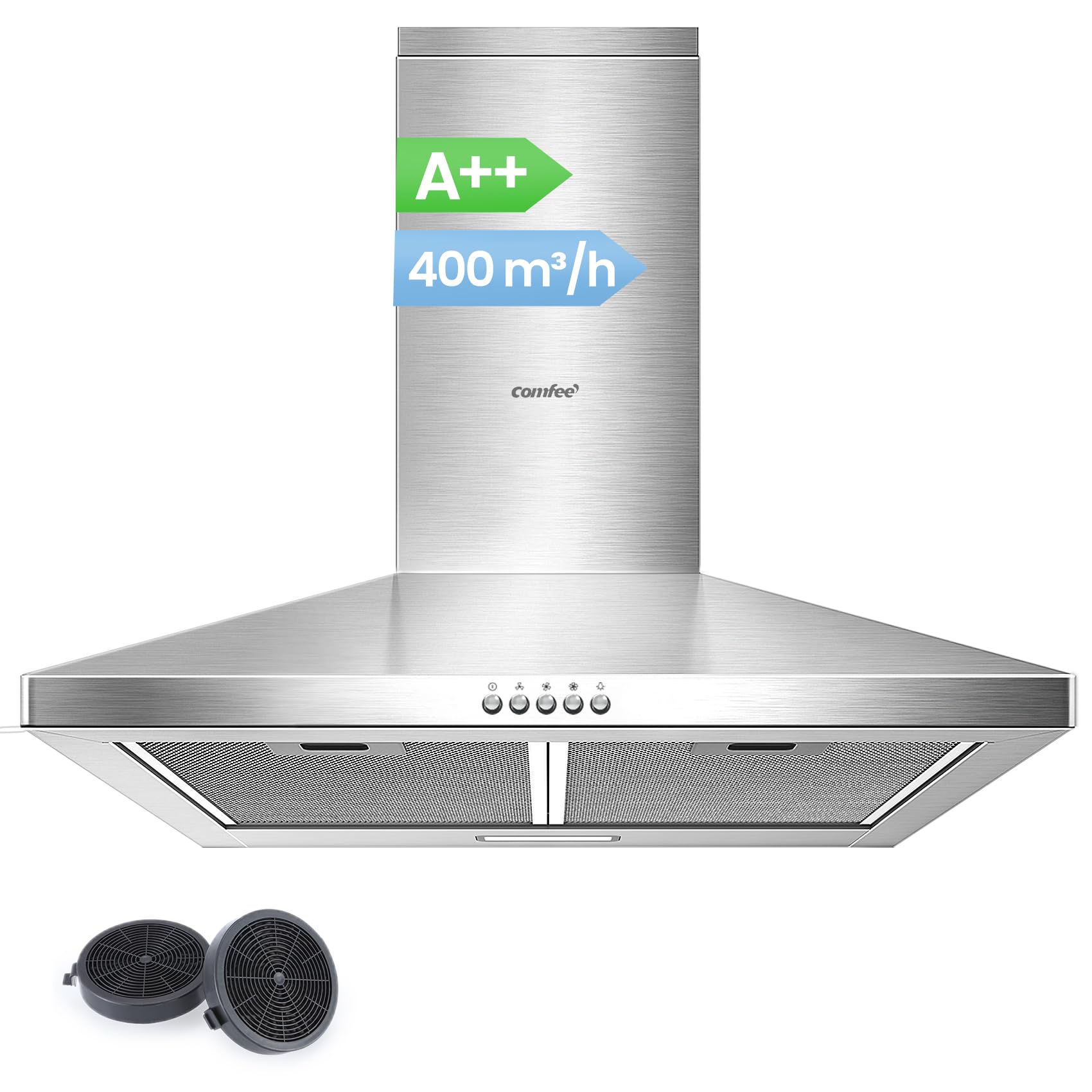 COMFEE' CH60A17EM400SS-EU A++ Hotte Aspirante 60 cm à Recirculation et Évacuation d'air avec Filtre à Charbon Actif, Débit d'air de 400 m³/h, Filtre à Graisse Lavable, Cheminée Réglable, Argenté