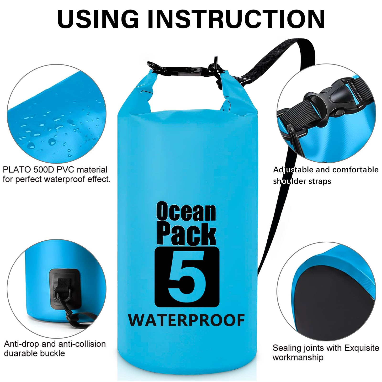 Borse Impermeabili, 5L/10L/20L/30L Dry Bag Sacco Impermeabile con Tracolla Regolabile, Sacche Stagne Impermeabili per Sport Acquatici, Campeggio, Rafting, Kayak, Pesca, Escursionismo