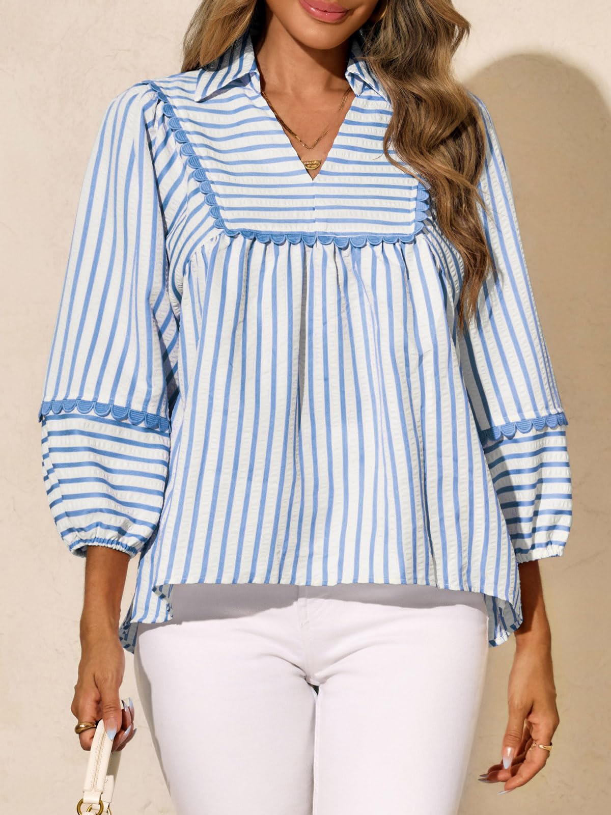 Tankaneo Blusa tipo babydoll a rayas para mujer, de gran tamaño, manga 3/4, péplum, ajuste holgado, plisada, lindas camisas