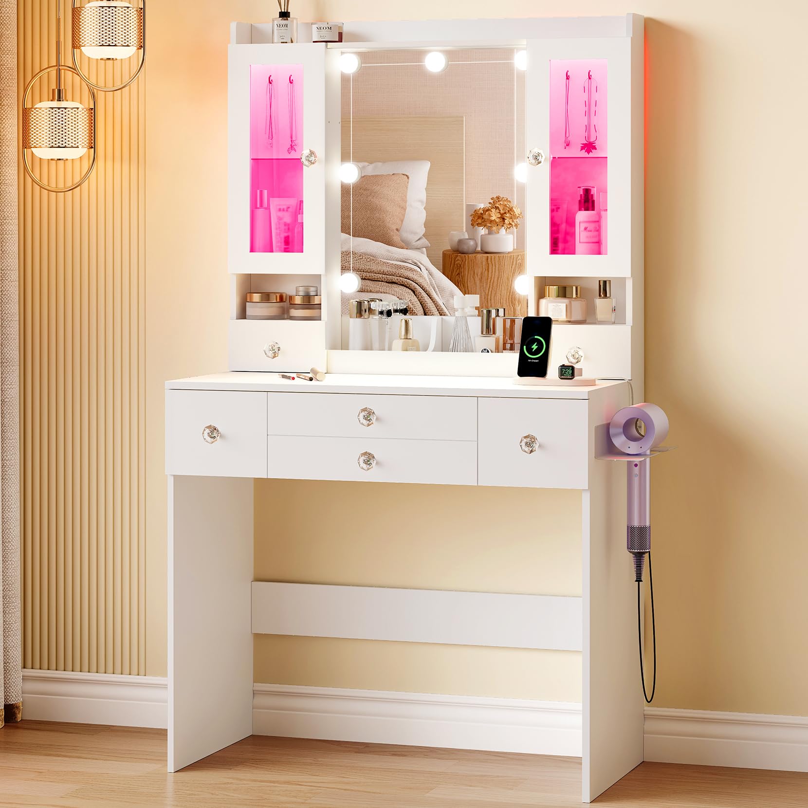 Dripex Schminktisch mit Spiegel und Beleuchtung | Steckdose und Föhnhalter, Luxuriöse transparente Vitrine mit RGB, Hollywood Spiegel, Vanity Desk
