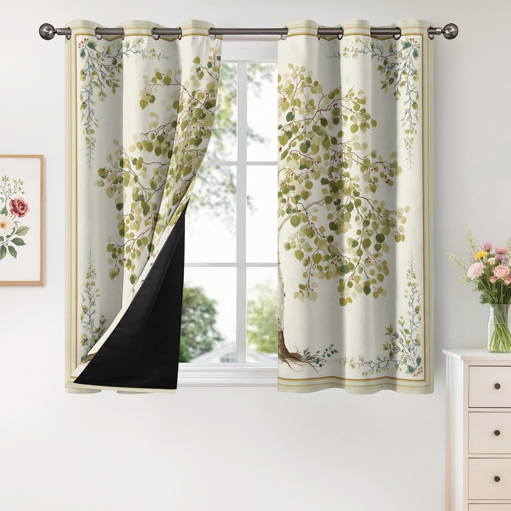 Baum Vorhang Mit ösen Blickdicht, Salbeigrün Blätter Vorhänge Schlafzimmer Wohnzimmer Küche 110 x 215 cm Lang, Übergardinen Innen Verdunklungsvorhänge