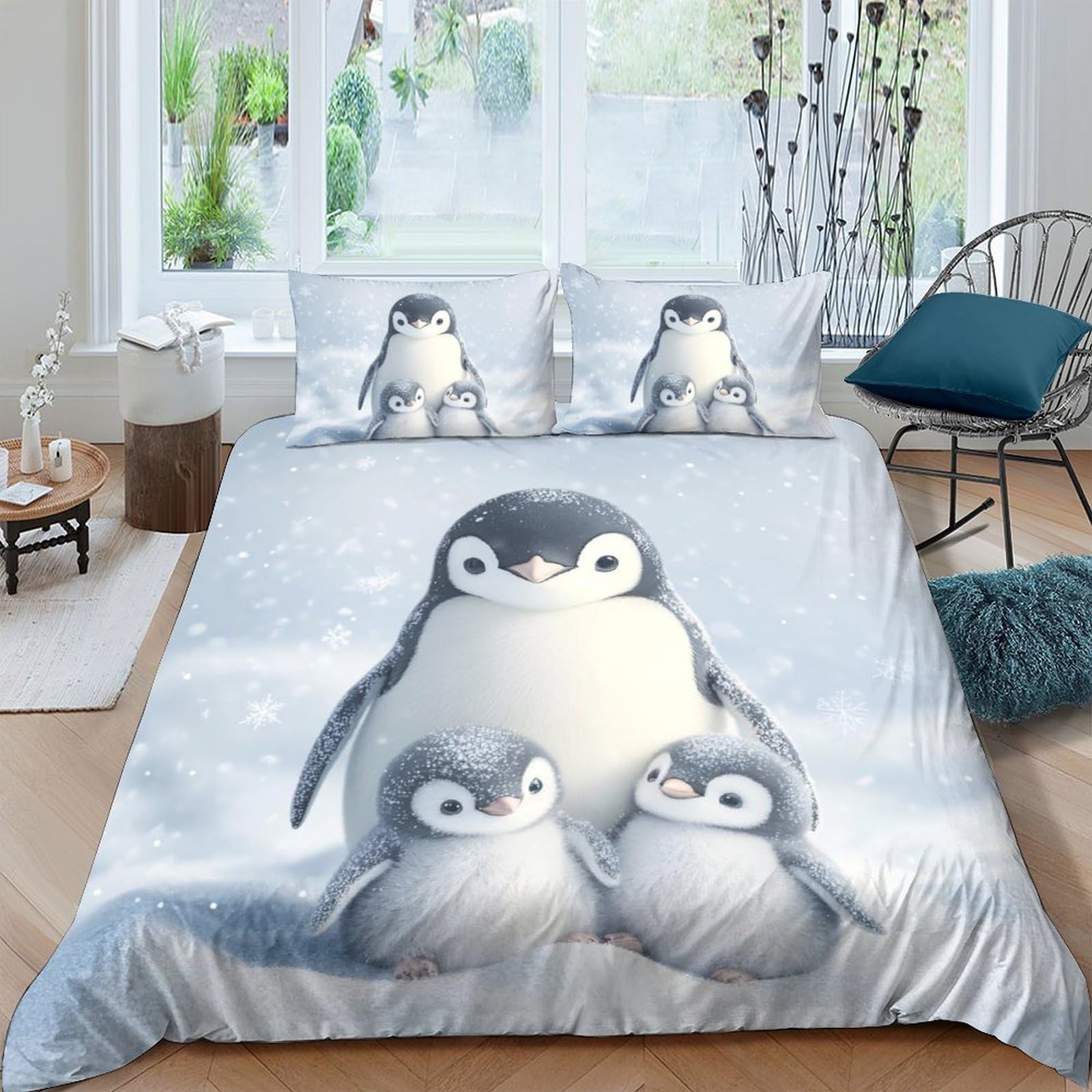 Ctjqhvkz Style-9 3D Printed Cute Penguin Family Fitted Sheet Microfiber Soft Breathable Winter Bedroom Bed Cover Decor Single（135X200cm）