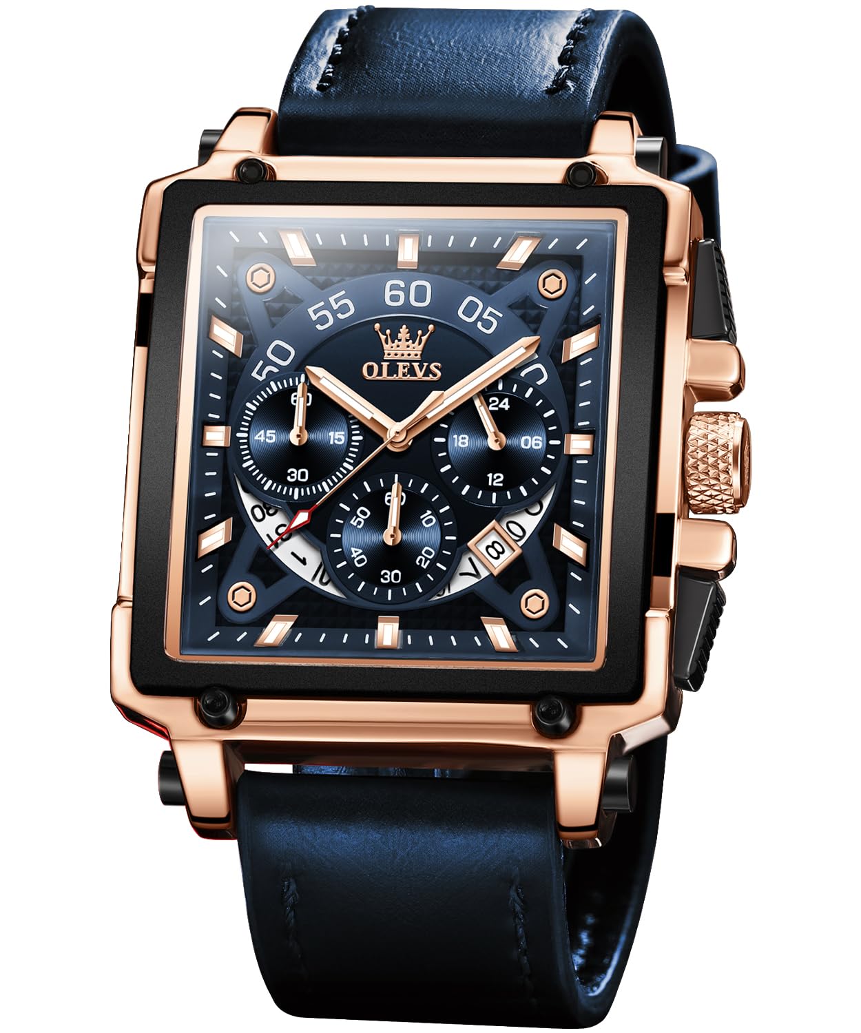 olevs Square Watches for Men Brown Leather Chronograph Fashion Business Watch Luminous Waterproof Casual Wrist Watches-picture-14