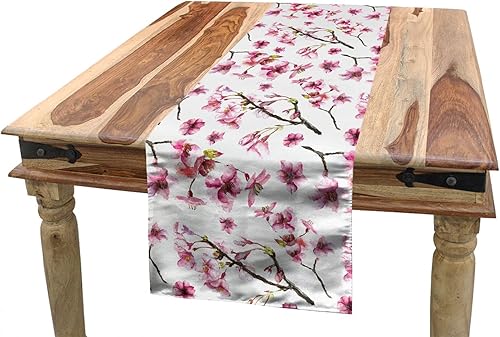 Ambesonne Camino de mesa en flor de cerezo, patrón oriental estilo acuarela con rama de Sakura, camino rectangular para comedor y cocina, 16 x 72