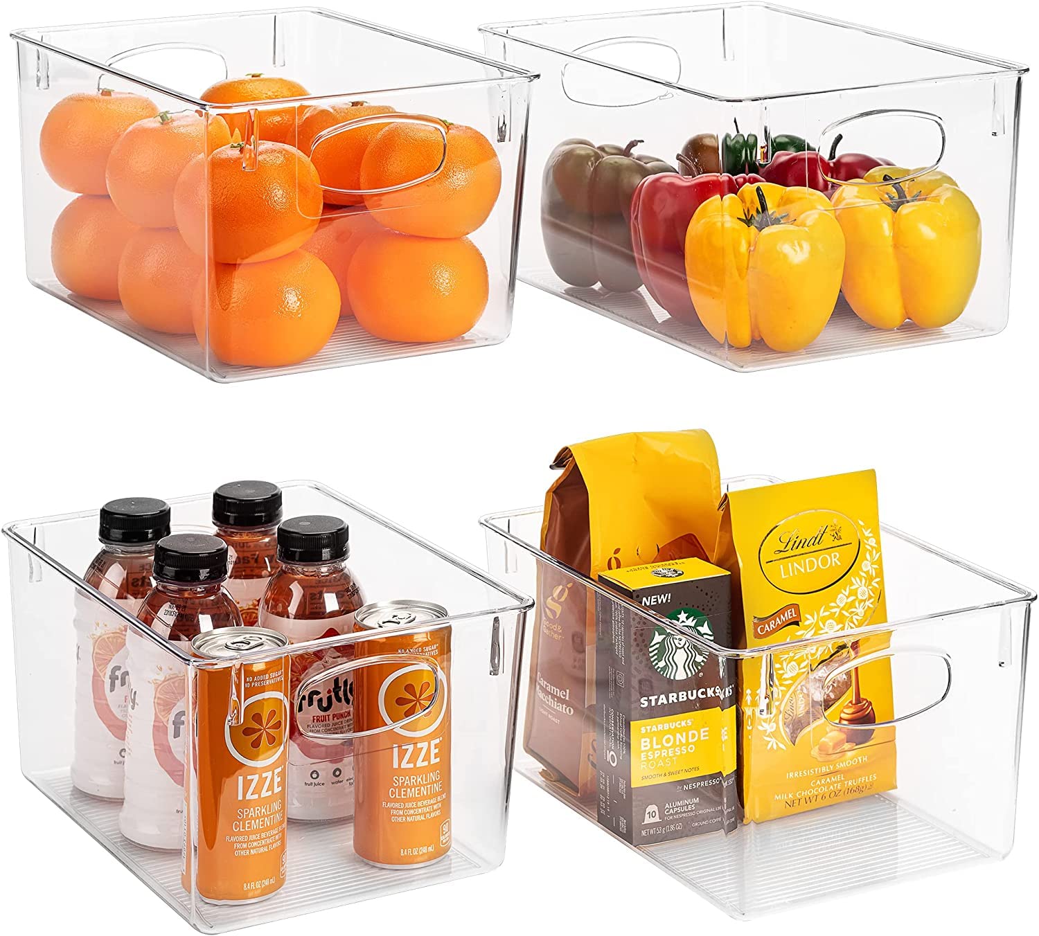 Snazzy Clear Fridge Organizer Bins - Refrigerator Organizer Bins for Home Essentials, Food, Toiletries, Makeup, Cleaning Supplies, Laundry Room, Pantry and Kitchen Organization and Storage (4 Pack)