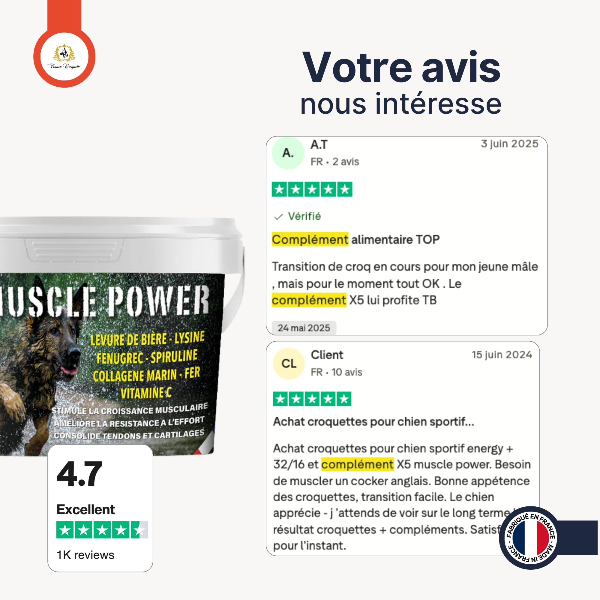complément alimentaire chien Muscle Power x5 – croissance musculaire, force, endurance et récupération – fourni avec cuillère doseuse – chiot adulte senior – santé articulaire et vitalité - 500g