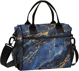 KLL Marble Texture Natural Luxury Navy Blue Gold Color Sturdy Large Lunch Bag with Shoulder Strap Lunch Bags for Teens for School bolsos para llevar almuerzo