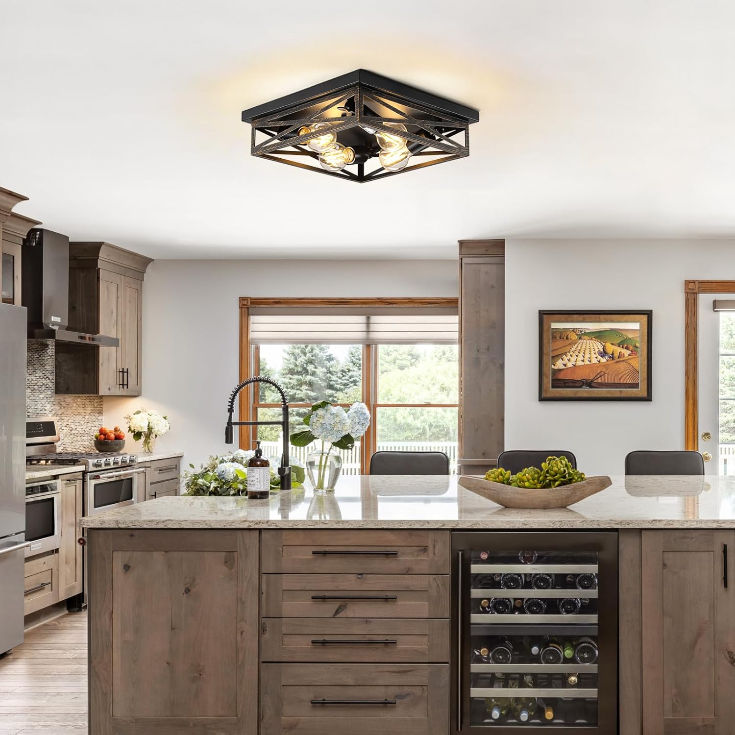 Farmhouse Rustic Ceiling Light for Kitchen, 4-Light Hallway Flush Mount Light Fixtures Ceiling Mount, Industrial Metal Cage Ceiling Light for Farmhouse,Kitchen,Hallway E26 Base (1 Pack 13in)