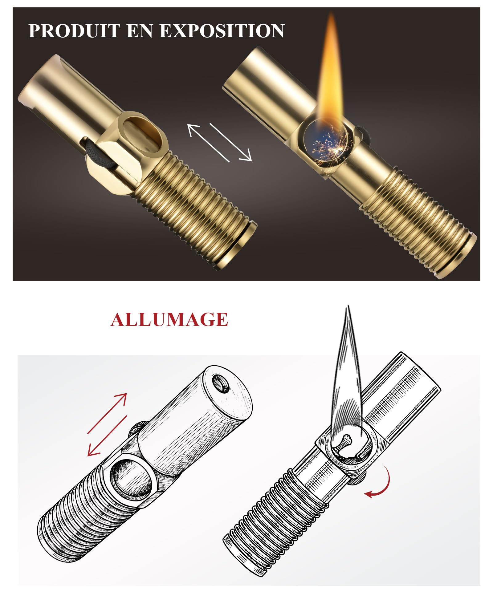 Thorens Big Screw Briquet Trench à Essence Laiton Anti-Vent | Vintage, rechargeable, flamme douce, double flamme, télescopique, molette, camping, cadeau homme unique