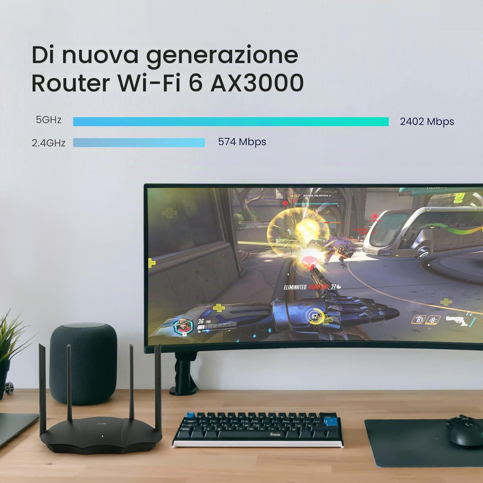 Tenda Router WiFi 6 AX3000 Smart WiFi, router Internet wireless Dual Band, router AX con 4 porte Gigabit, OFDMA+MU-MIMO, controllo parentale+telecomando, facile installazione app, IPV6 e WPA3, RX9