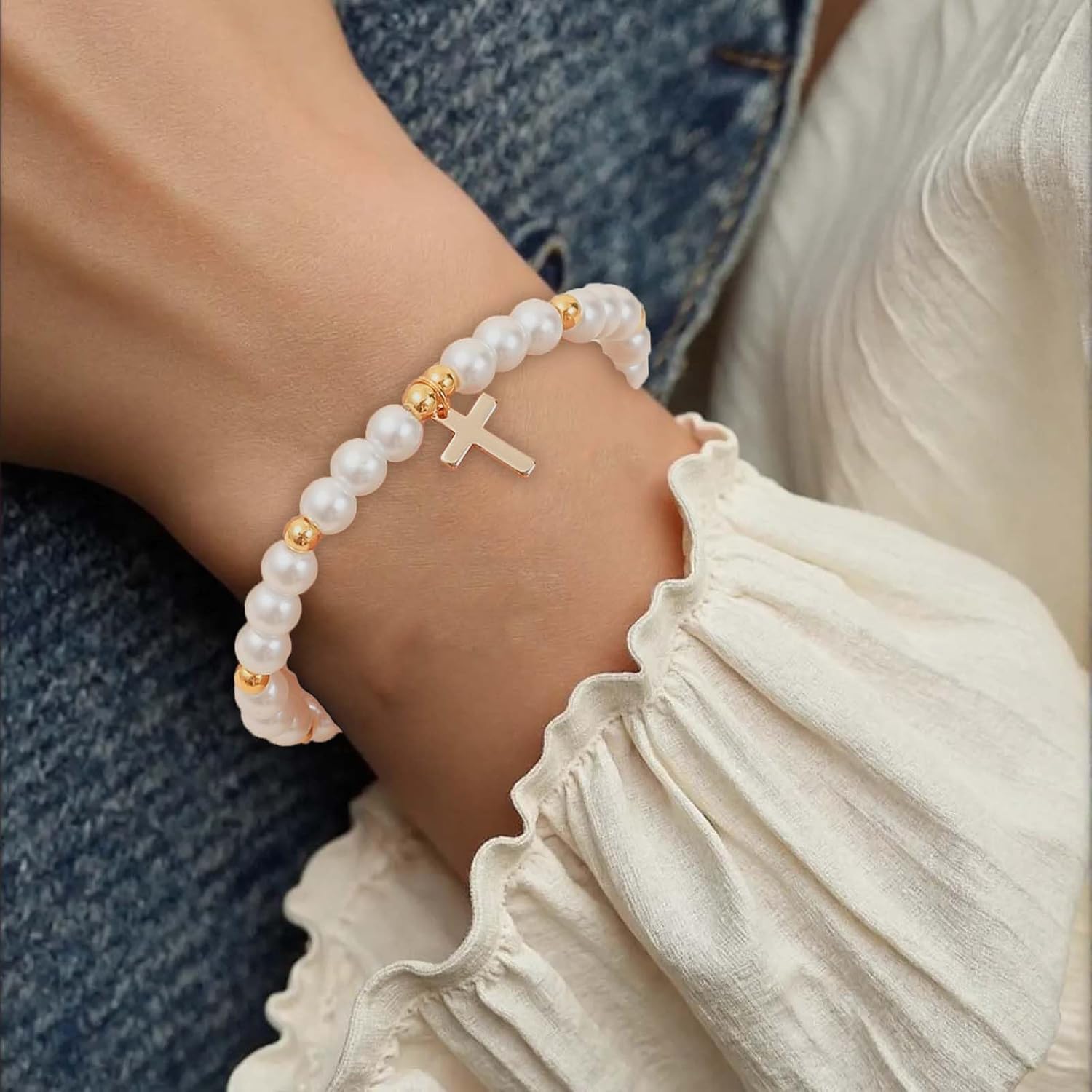Catholic Gifts for Women, Cross Charm Pearl Bracelet Religious Baptism First Communion Confirmation Birthday Jewelry Gifts for Daughter Granddaughter Sister Niece - Image 7