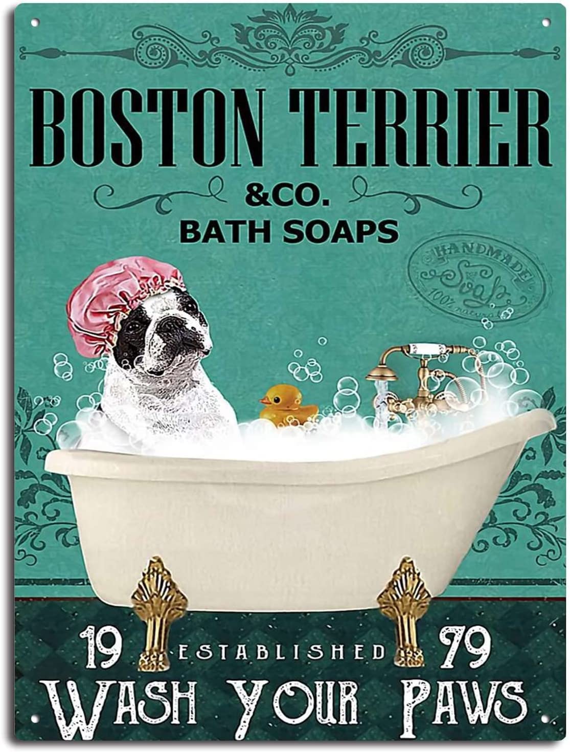 Metal Tin Sign Dog Boston Terrier Co Bath Soap Tin Signs for Kitchen Home Office Bar Cafe Decor 8x12 Inch