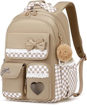 Girls Backpack, Kawaii Kids Backpack for Girls School Kids Bookbag with Pom-pom Pearl Pendant for Primary Elementary Middle School, Brown