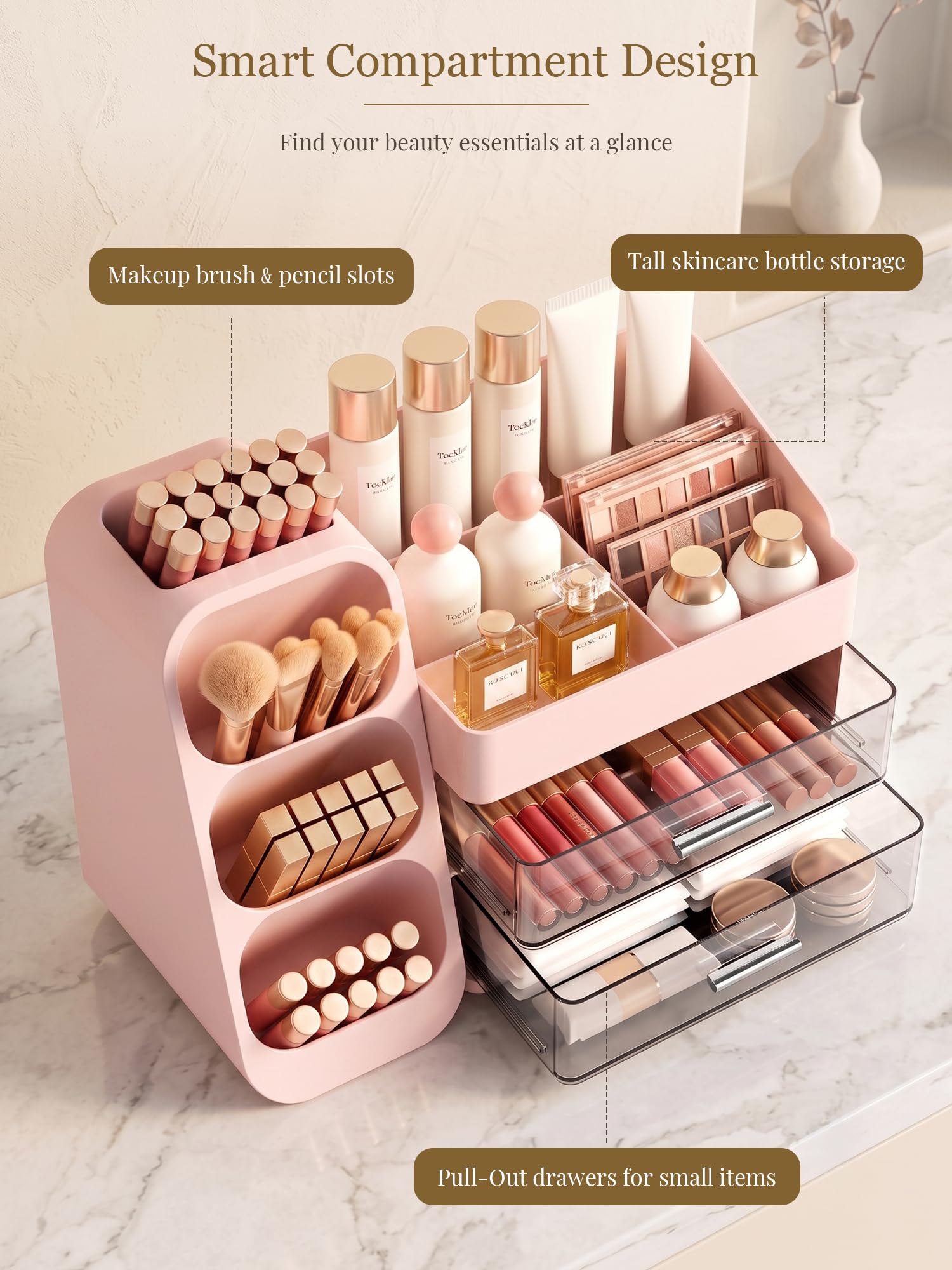 Booklov Large Makeup Organizer for Vanity Countertop, Pink 1