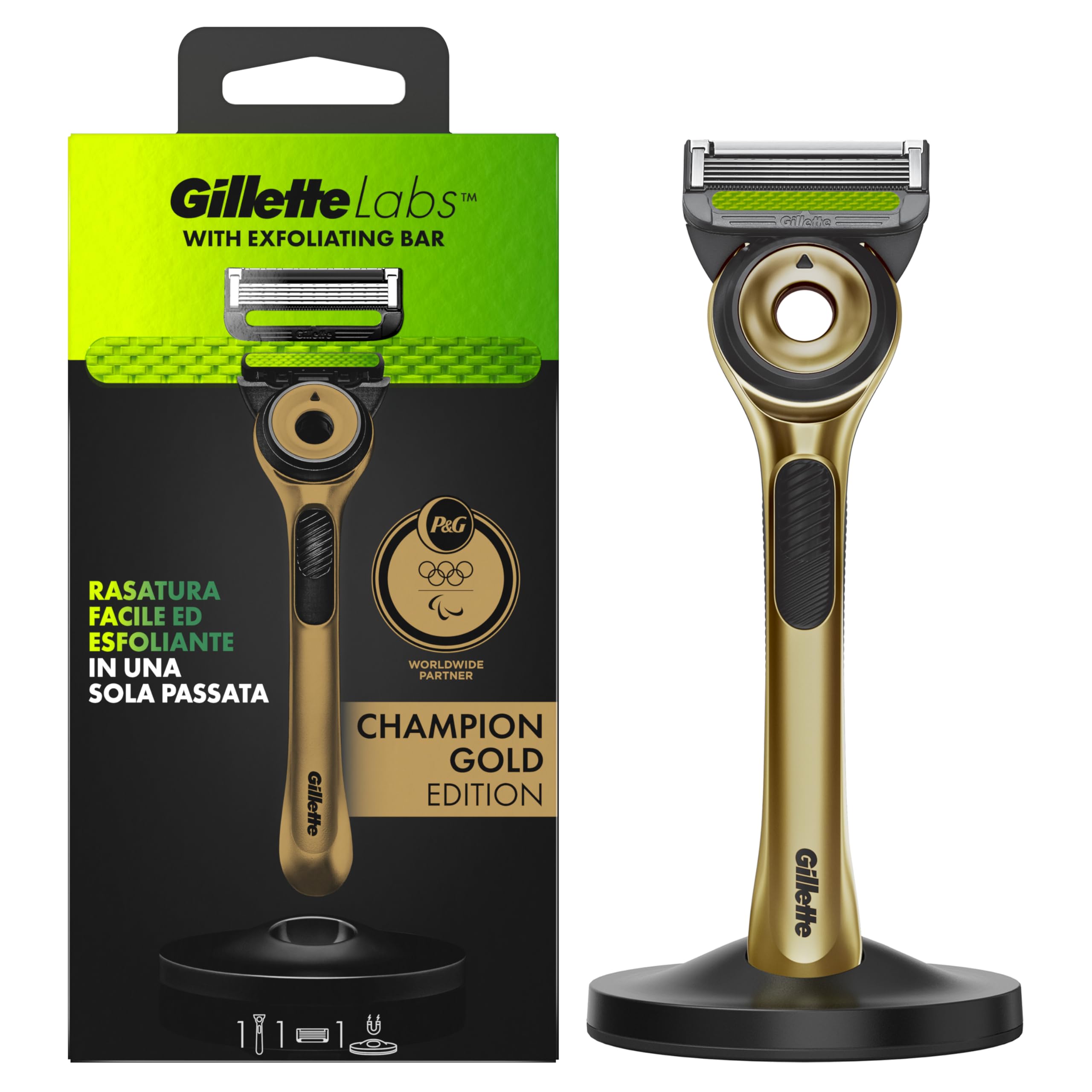 Gillette Labs Con Barra Integrata, Rasoio Barba Manuale, 1 Manico, 1 Lamette Gillette di Ricambio, Con Base Magnetica, Edizione Dei Campioni, Oro, Rasoio Barba e Lamette Di Ricambio
