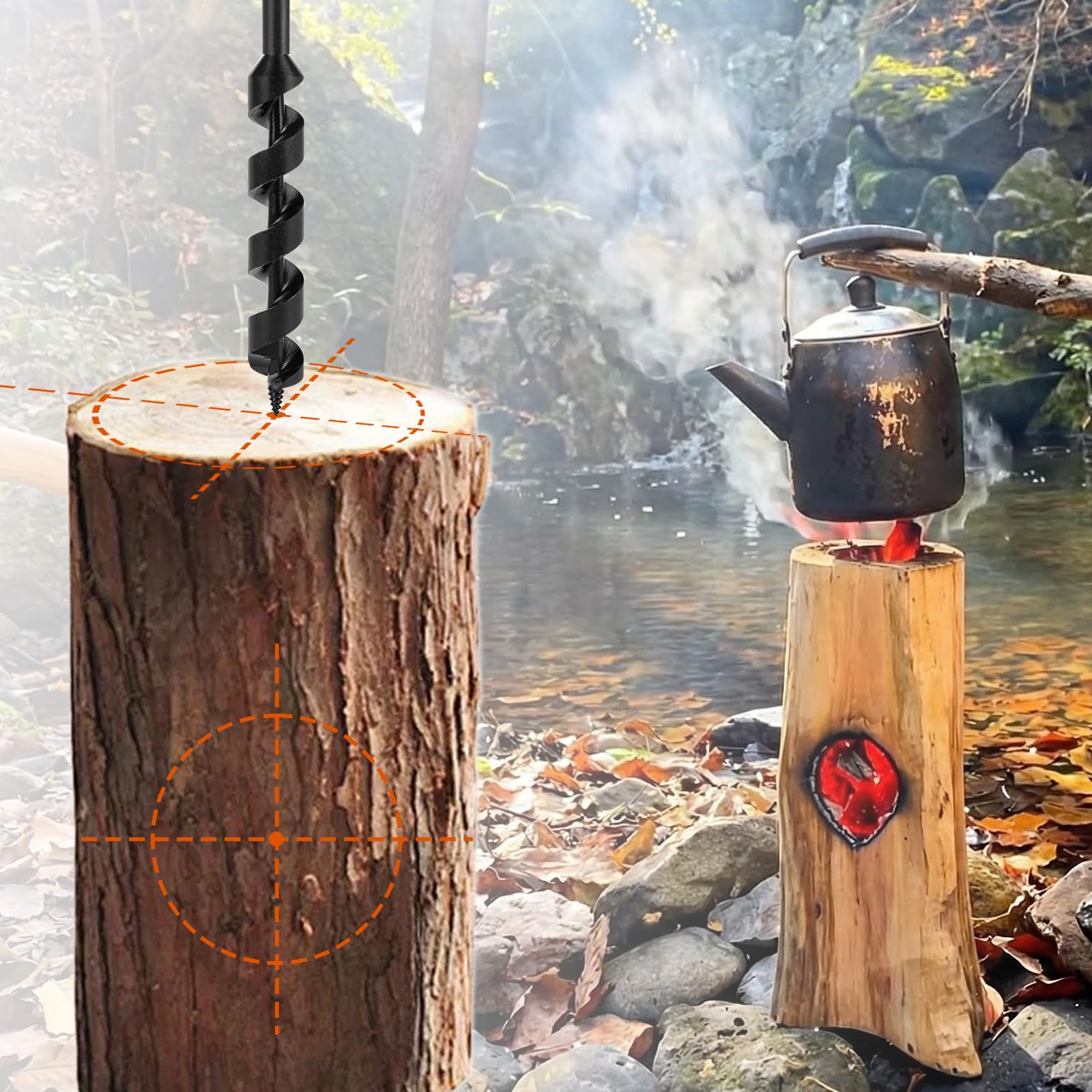Bushcraft Lot de 4 forets à bois manuels avec tige en bois, pour le travail du bois, la survie en plein air, le camping, le travail de bushcraft