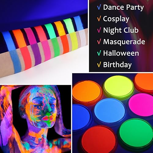 Miniatura 6 de Pintura facial UV naranja neón (1.06 oz1 oz), kit de pintura de cuerpo completo fluorescente reactiva a base de agua para festivales de música, club