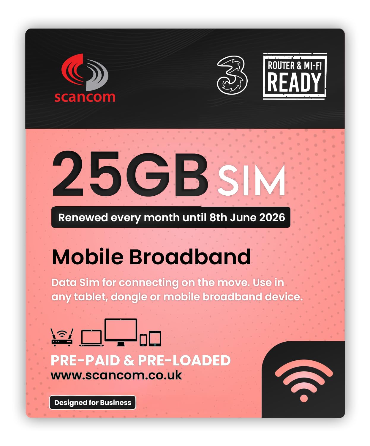 Three 25GB Data SIM - Uncapped 5G - Preloaded MONTHLY Until June 2026 - Plug & Play for Routers & Phones - Access to Three & Vodafone - Connects to the Strongest Signal available