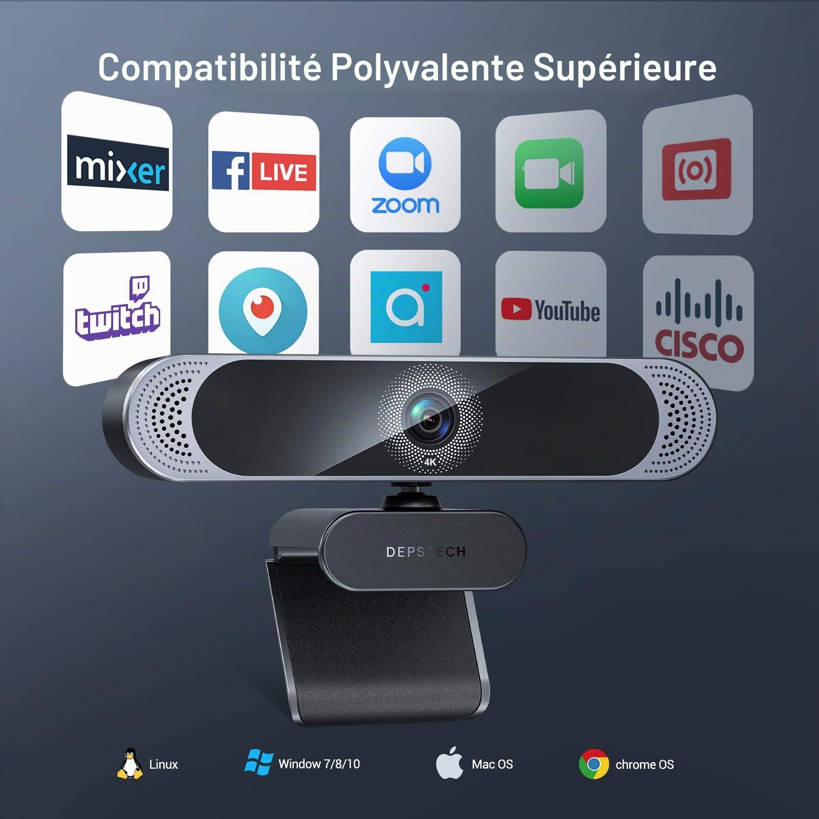 DEPSTECH Webcam 4K, DW49 Autofocus Caméra Web HD avec 1/3'' Sensor, Double Micro Antibruit, Cache Webcam et Trépied, Camera Streaming pour PC Windows, Mac, Ordinateur Portable, Zoom, Skype, Youtube