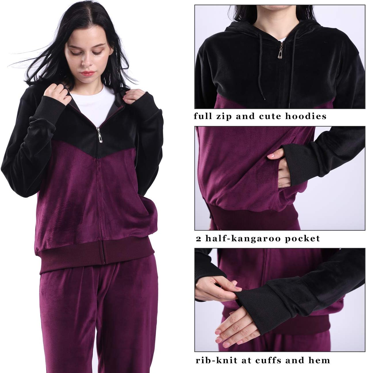 LeeHanTon Velour Tracksuit Womens Sweatsuit Set - Athletic Zip Up Hoodies and Sweatpants Outfits with Stripes - Image 2