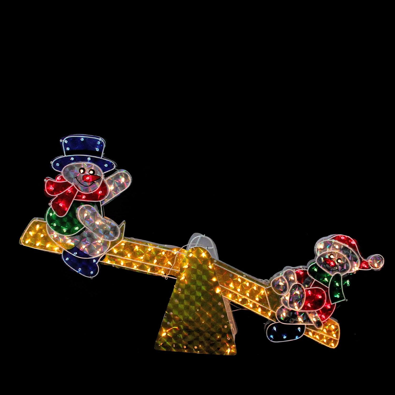 Lighted Holographic Snowmen on See Saw Outdoor Christmas Decoration at night