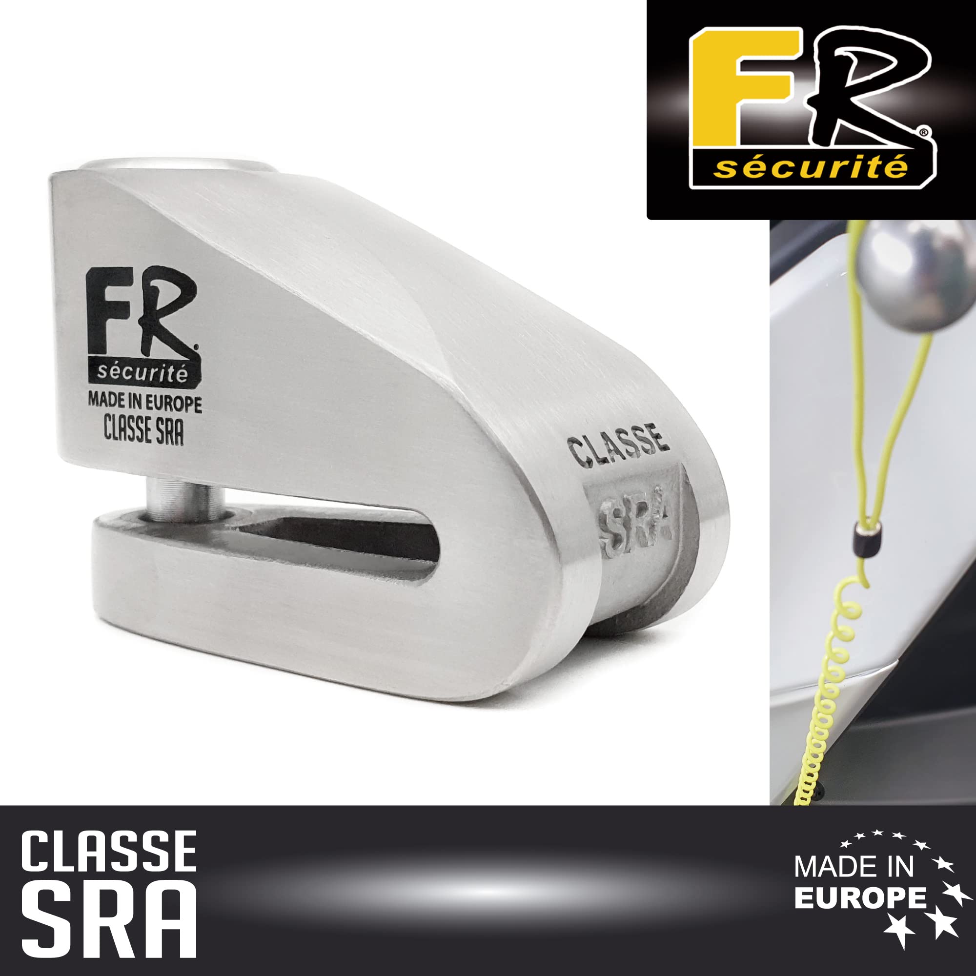 FR SECURITE FR110S Candado Moto Disco Homologado SRA, Doble Bloqueo ø10mm Cerradura Acero Inoxidable Alta Seguridad, Cable Recordatorio, Antirrobo Motocicleta Pinza Scooter, Bicicleta Eléctrica