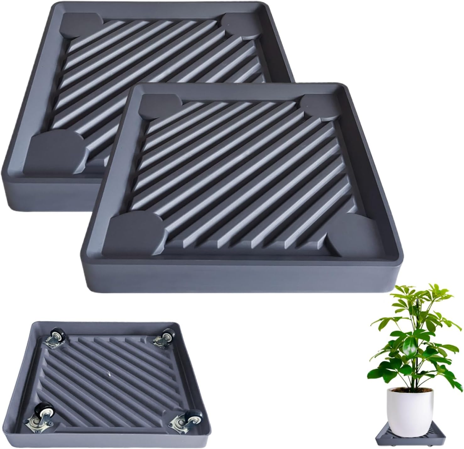 LandJoy 2PCS Square Plant Caddy with Wheels,Planter Roller Base,Heavy Duty Plant Caddy with Hidden Wheels, 360°Rolling Casters Plant Dolly,4 Invisible Casters,Gray,11.02 inches