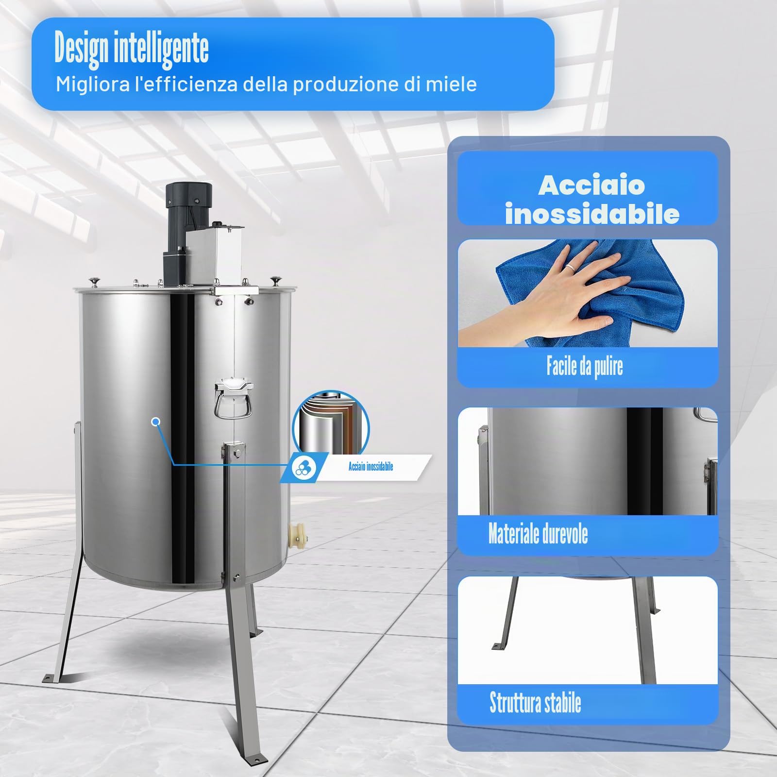Fionda elettrica per miele a 4 cornici, estrattore professionale in acciaio inox con regolazione della velocità, uscita miele e coperchio, accessori per api per apicoltura e apicoltori amatoriali