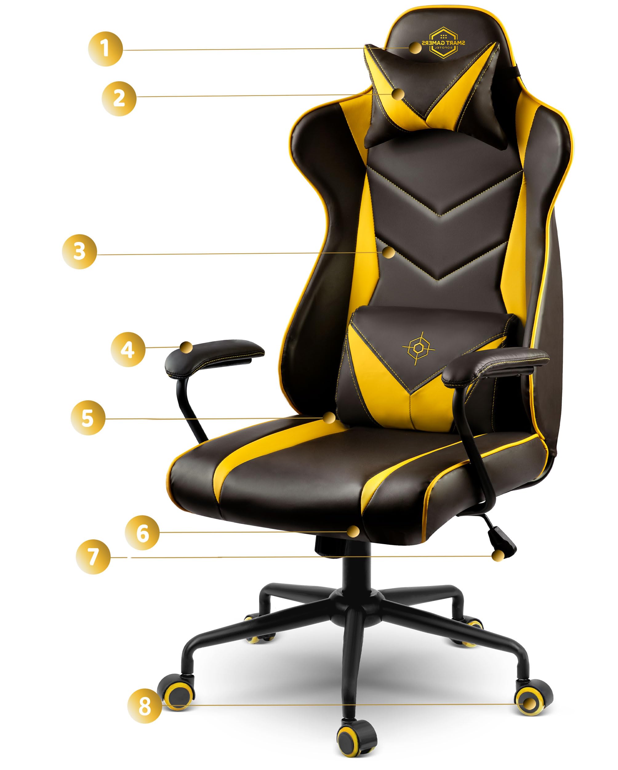 Sedia da ufficio ergonomica, da gioco, imbottita, ergonomica, per gaming, con poggiatesta, supporto lombare, braccioli, funzione basculante, per gaming, colore nero, giallo