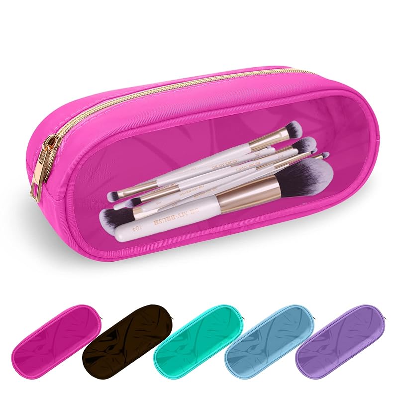 Necessaire transparente UIXIZQ Slim em nylon e PVC com zíper, Hot Pink