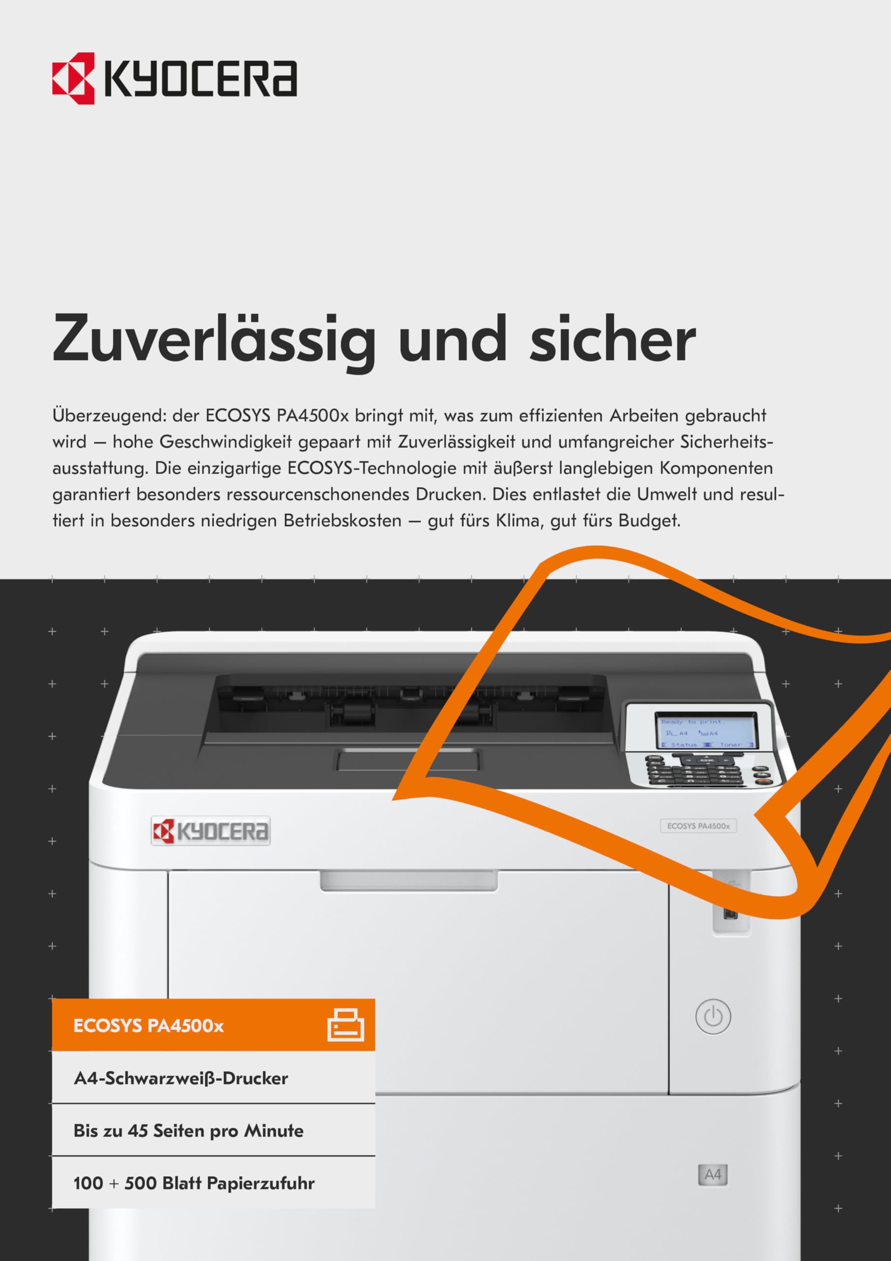 Kyocera Ecosys PA4500x Laserdrucker Schwarz Weiss, Duplex-Einheit, 45 Seiten pro Minute, Laserdrucker mit 100+500 Blatt Zufuhr, Gigabit LAN. Schwarz-Weiss-Drucker mit Mobile Print