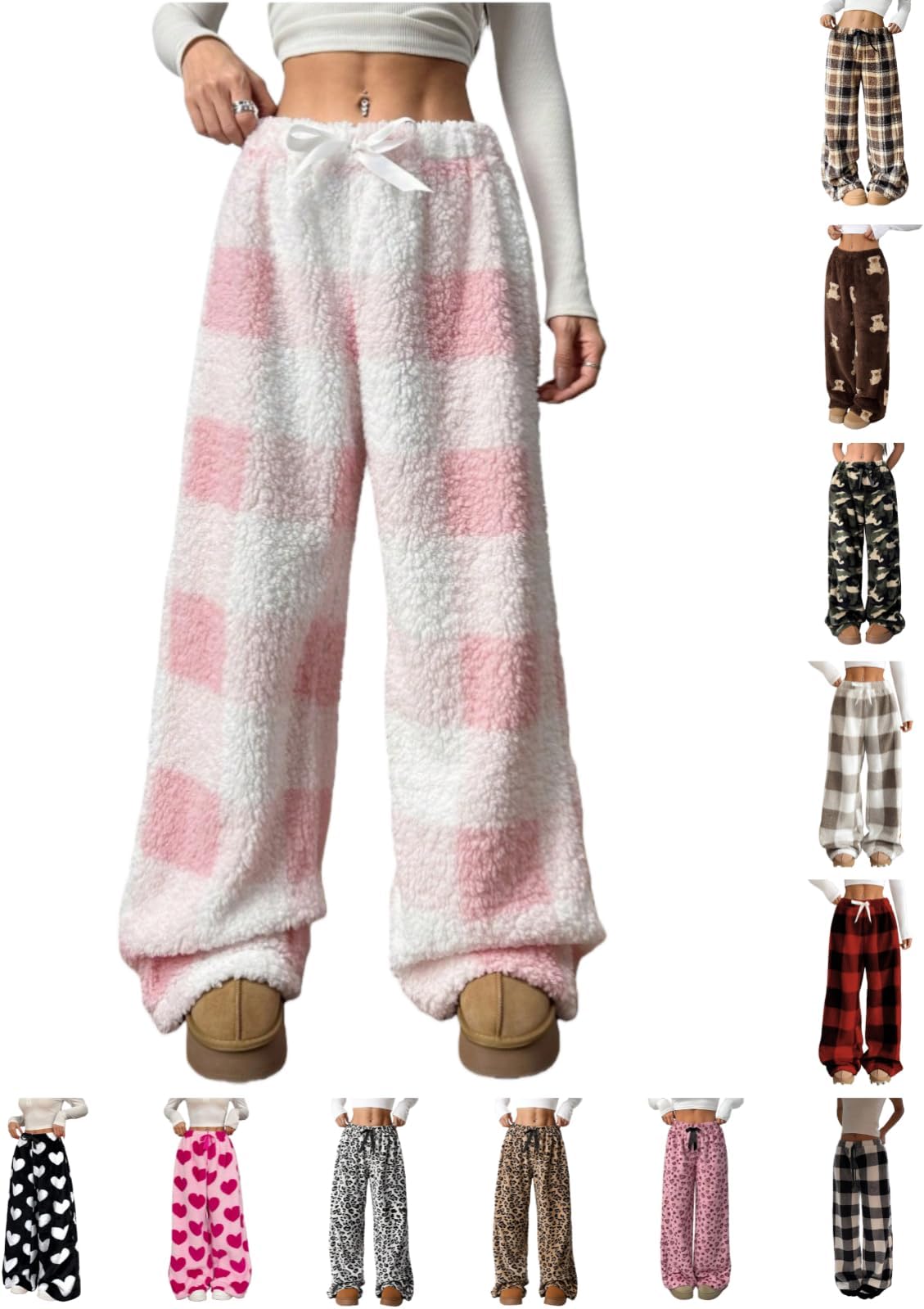 Pyjamas Bottoms Womens Flannel Leopard Check Plaid Heart Pattern Lounge Pants Y2K Fluffy Soft Warm Winter Pjs Pant with Pockets & Adjustable Drawstring