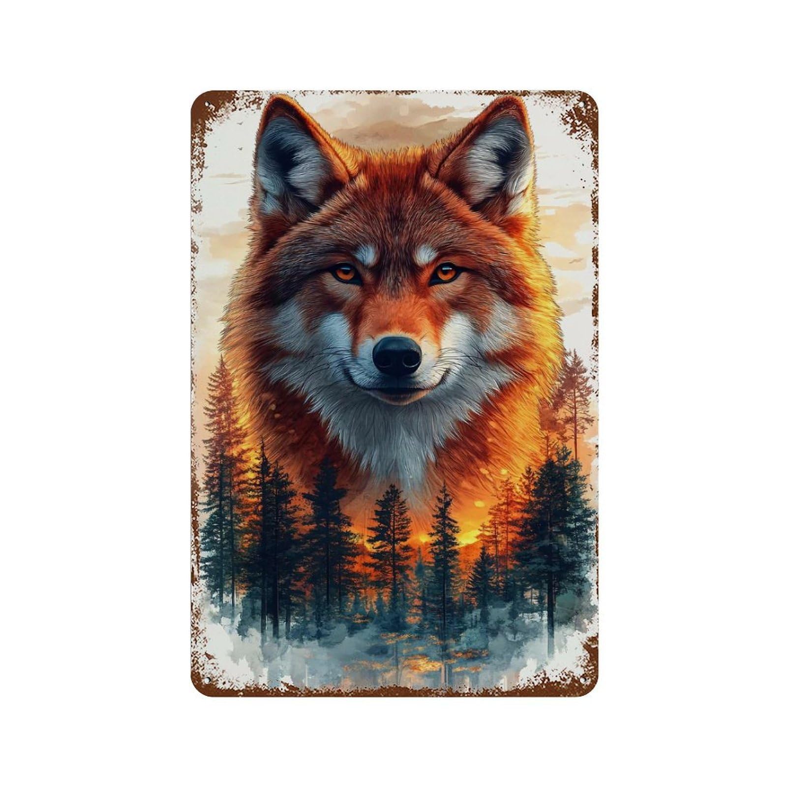 Wolf And Forest Digital Art Decorative Tin Sign 11.8"x7.9", Vintage Wall Decor for Garage, Pub Or Kitchen