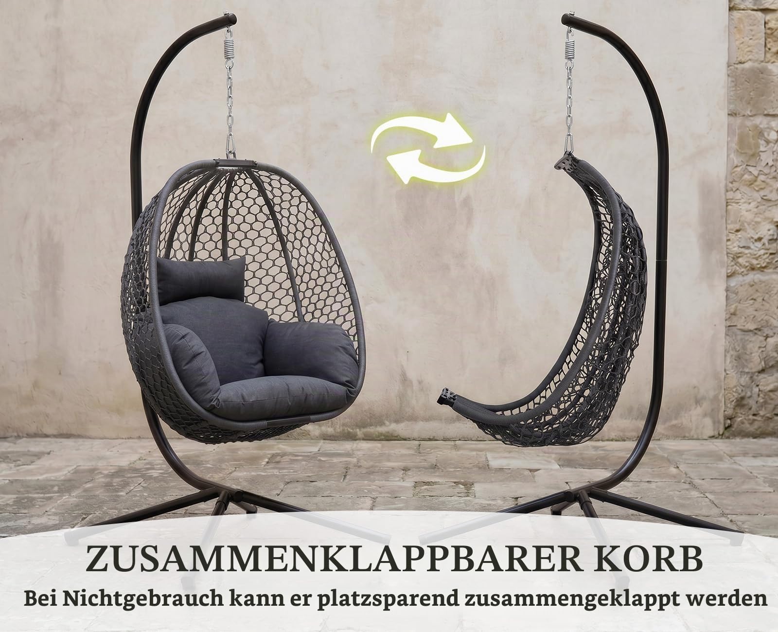 Ya-Home Hängesessel Outdoor mit Gestell Bequemer Hängeschaukel Grau | Hängekorb Sessel mit Kissen & Auflagepolster für Outdoor und Indoor, Balkon Schaukelstuhl Gartenschaukel belastbar bis 180kg