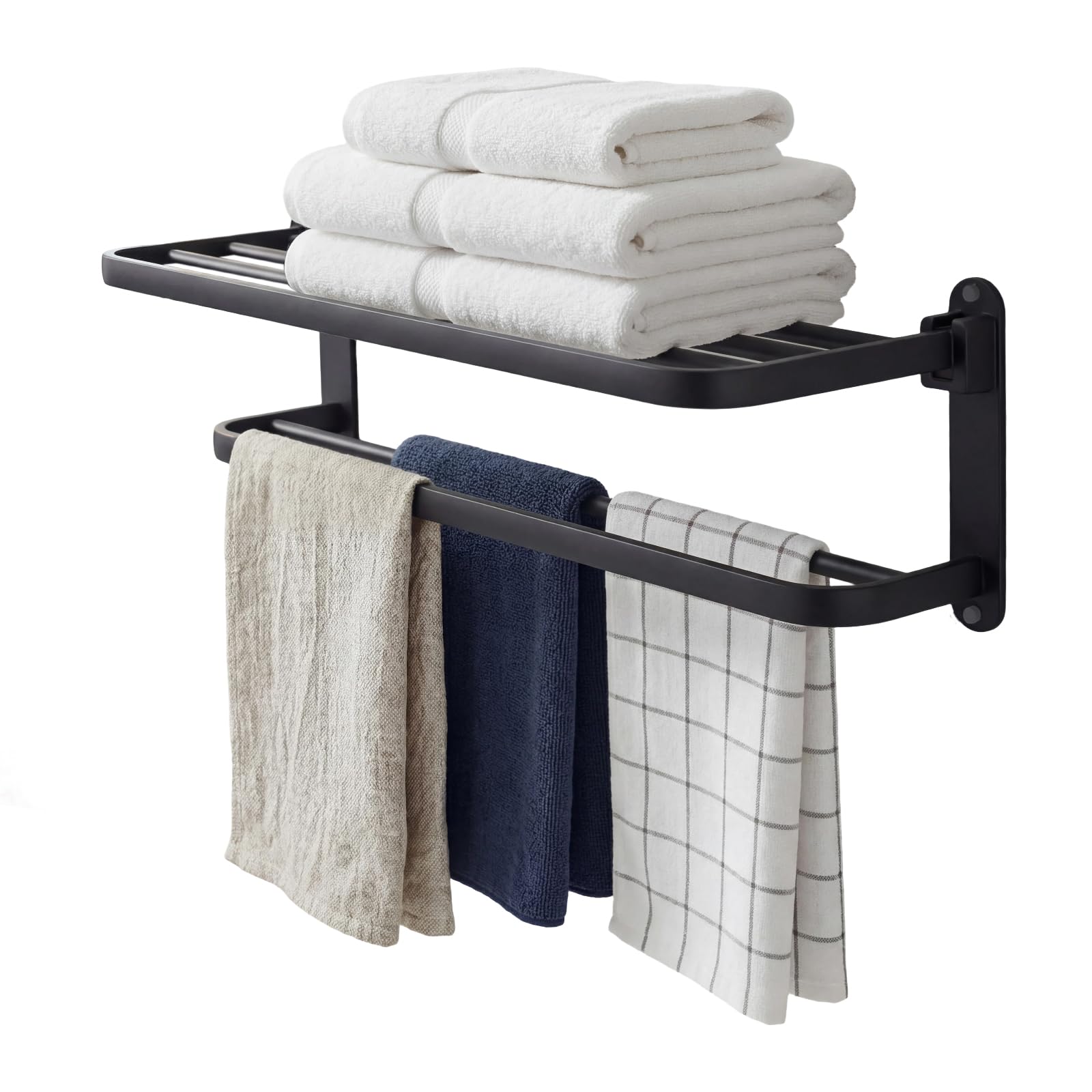 Levede 60cm Towel Rail Wall Mounted, Foldable 2-Tier Rustproof Towel Holder, No-Drill Self Adhesive or Screw Fix, Matte Black Space Saving Towel Rack for Bathroom Kitchen Laundry – Holds 10kg