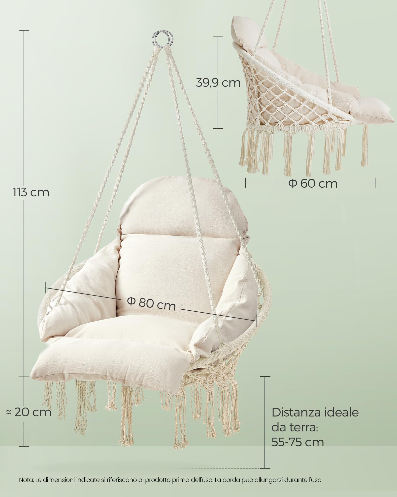 SONGMICS Sedia Altalena, Sedia Amaca, Cuscino Ben Imbottito, Sedia Sospesa Boho, Camera da Letto Balcone Giardino Soggiorno, Regge 120 kg, Accessori Inclusi, Bianco Crema GDC042M01