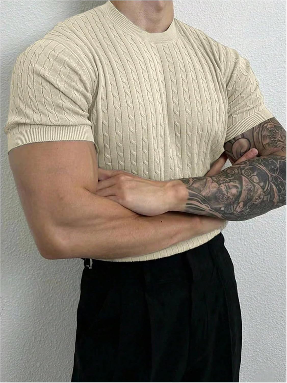 SHENHE Men's Knit Shirt Cable Knit Short Sleeve Sweater Pullover Crew Neck Fashion Clothes - Image 2