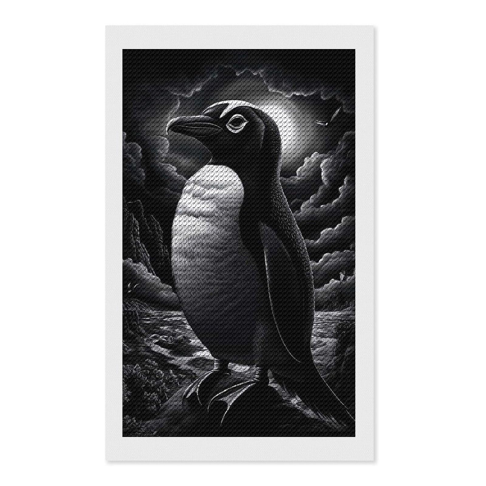 Junmoney Penguin Under Moonlight Diamond Painting Canvas Set 12"x20", for Adults, Bedroom Decor, Good for Quiet Evenings, Festive Craft Gift