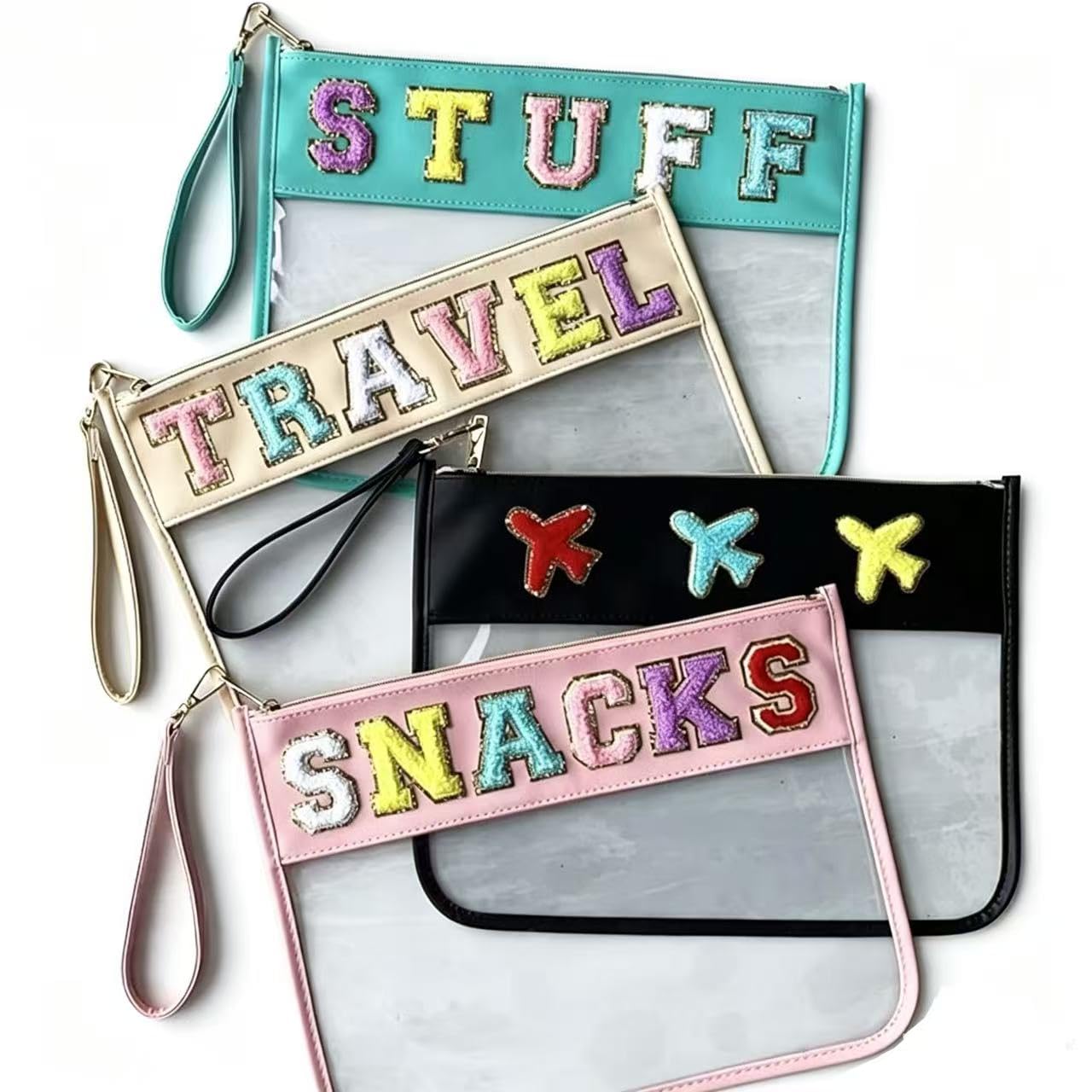 Chenille Letter Clear Bag Purse Multi-purpose Transparent Waterproof Snacks Makeup Tote Bag with Wrist Strap