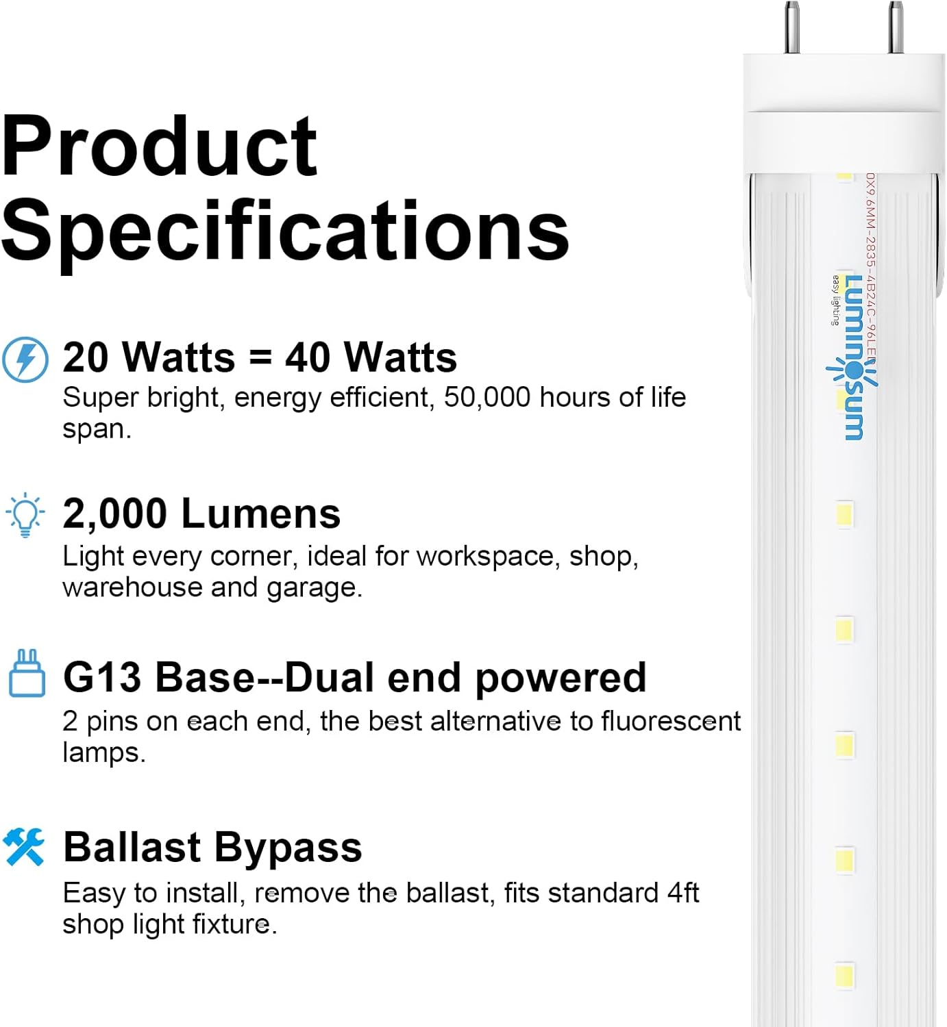 T8 LED Tube Light Bulbs 4 Foot 20W 40W Equivalent 5000K Daylight 2000LM, T8 T10 T12 Fluorescent Replacement, Dual-end Powered Ballast Bypass, Clear Cover ETL Listed for Shop Garage 25-Pack