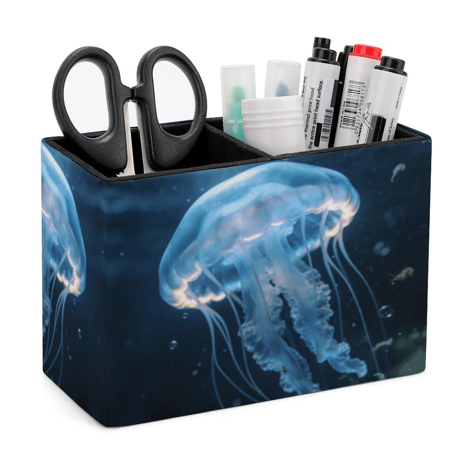 LZQPOEAS Exquisite Patterns PU Leather Pen Holder, Multifunctional Desktop Organizer Caddy with 2 Compartments, Jellyfish Pencil Cup Makeup Brush Holder for Office Home