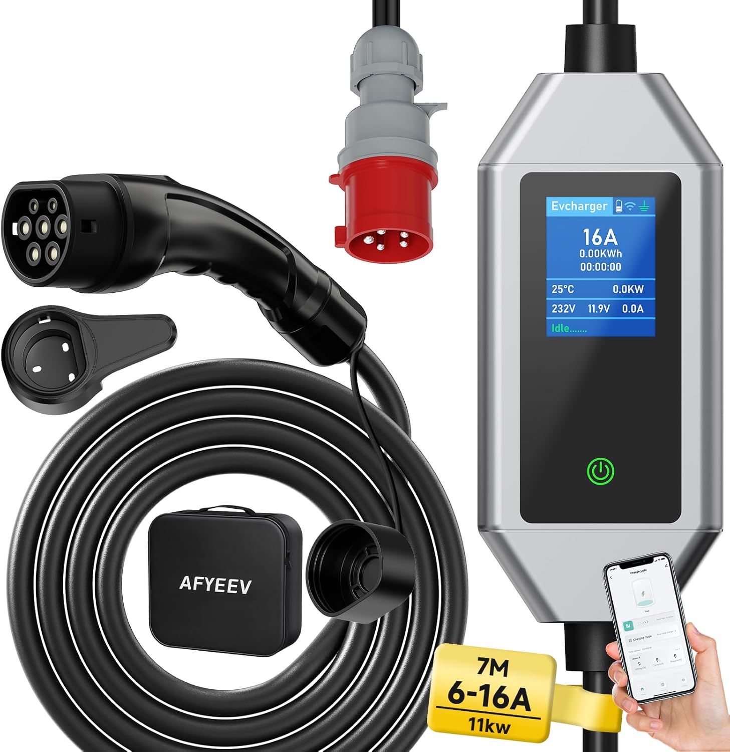 Cargador Móvil Wallbox EV 11 kW Tipo 2, 7 m | 6-16A | Cable de Carga Trifásico Schuko Tipo 2 con Enchufe CEE y Función de Conexión App, Cable de Carga Tipo 2 con Carga Retardada 1-15 h