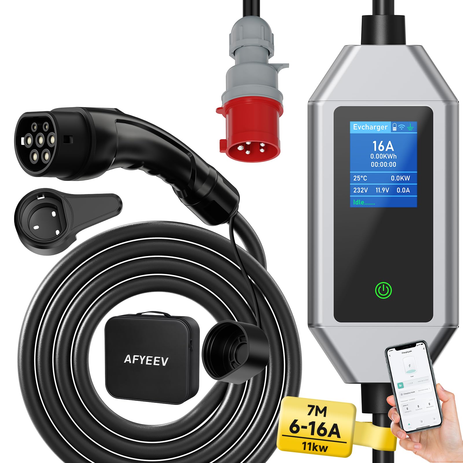 Kabel do ładowania typu 2 11 kW 7 m 3-fazowy Wallbox CEE