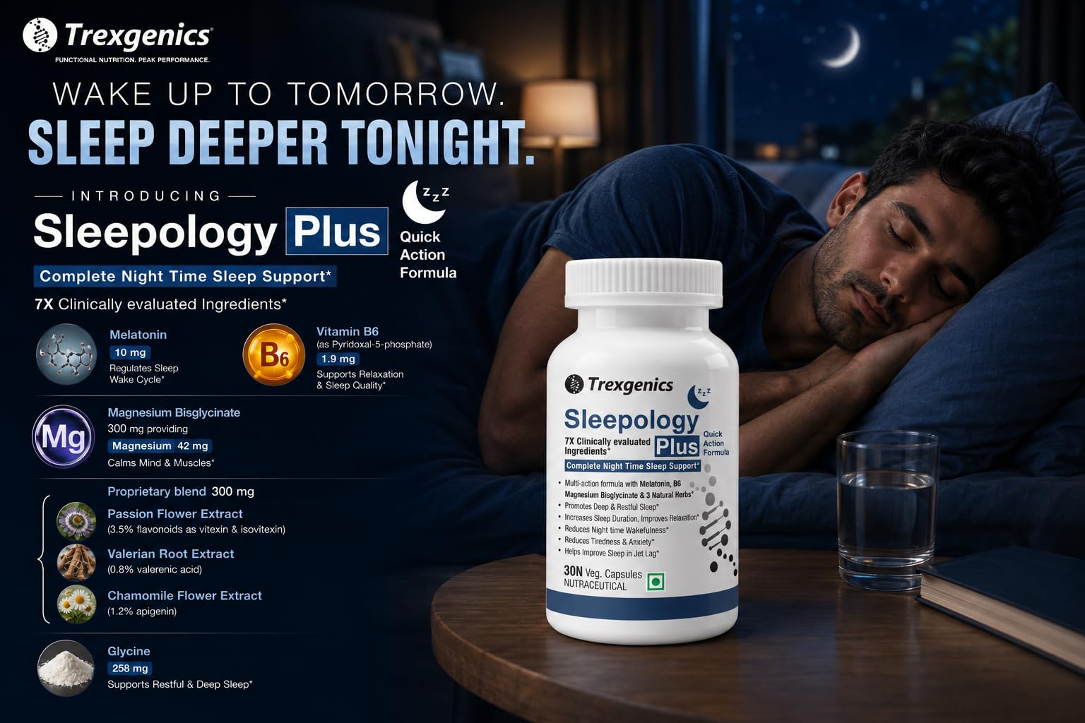 Trexgenics SLEEPOLOGY PLUS Melatonin 10 mg Sleep Support with Magnesium bisglyciante, P5P, Chamomile, Passion flower, Valerian VEGAN & NON-GMO (30 Veg. Capsules) (Pack of 1) — Amazon image 3