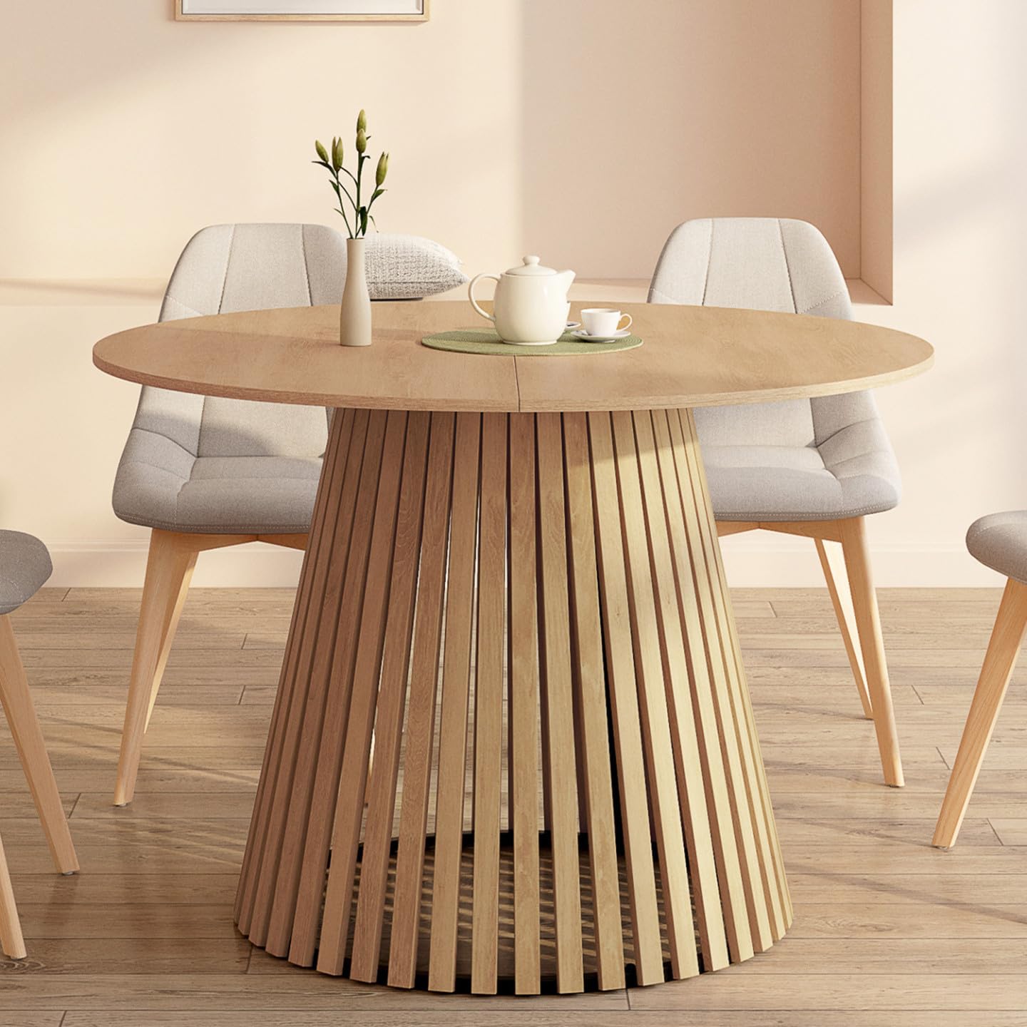 IDMarket - Tavolo da pranzo rotondo per 6 persone CARMEN con gambe a doghe in legno e piano in legno da 110 cm