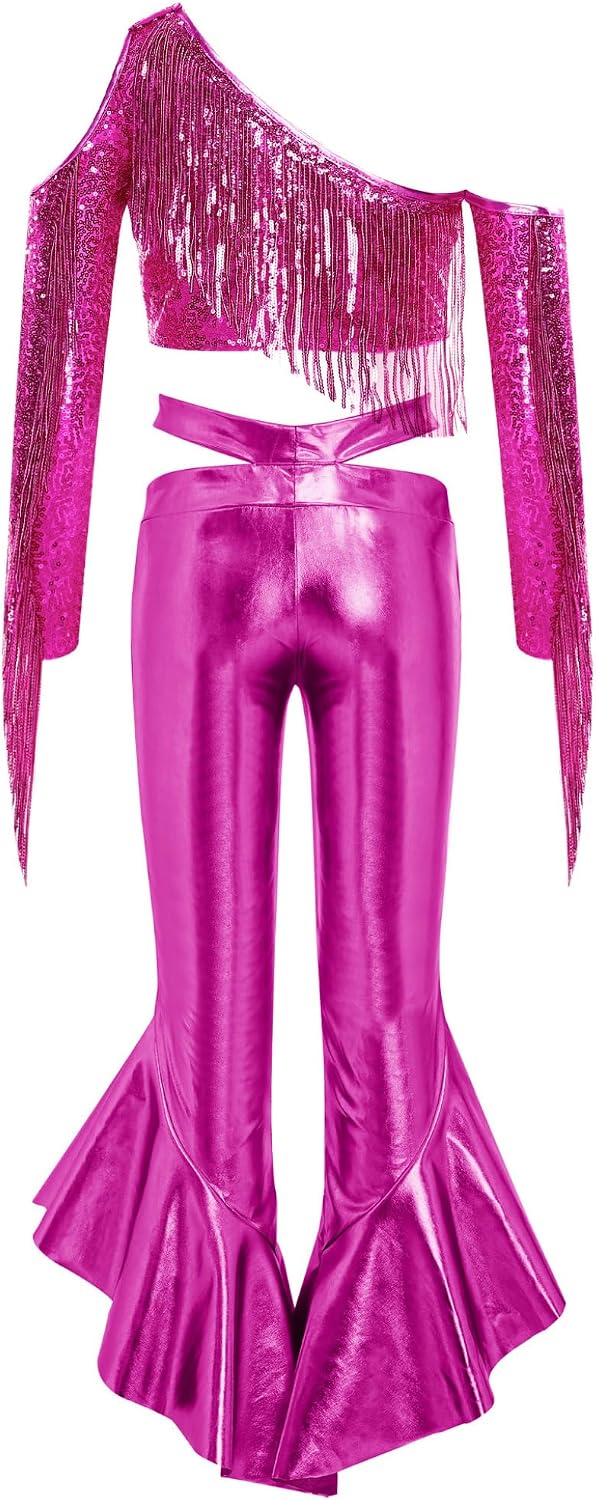 Jelory Kids Girls Metallic Sequin Fringed Top And Ruffled Bell Bottom Pants 2 Piece Outfit Set Hip Hop Jazz Dance Performance Hot Pink 16 Years