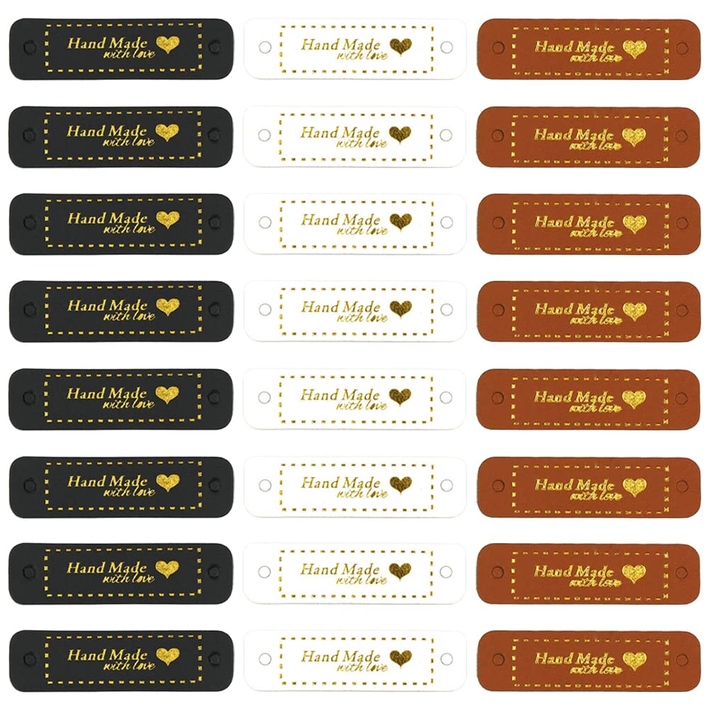 Yijunmca60pcs PU Leather Tags Handmade with Love Labels Faux Leather Sew on Label Embellishment Knit Accessories with 2 Holes for DIY Crafts Crochet Knitting Hats Jeans Bags Shoes, Black White Brown